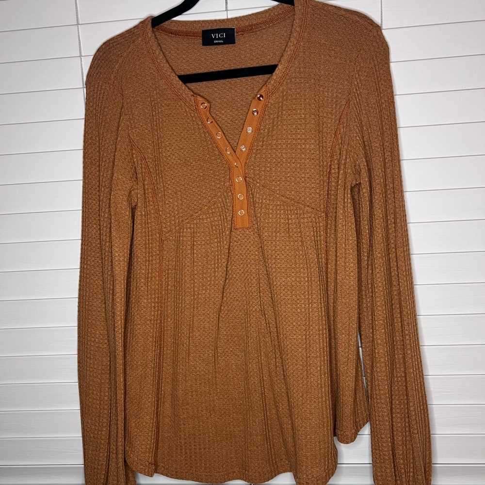 Vici Waffle Knit Button Up: Burnt Orange